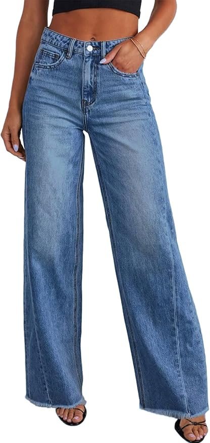 Sidefeel Women’s Wide Leg Jeans High Waisted Stretchy Raw Hem Zimbaplatinum Denim Pants